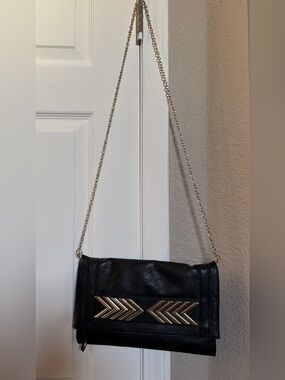 Imoshion Black Faux Leather Crossbody Clutch Gold Chain Chevron Evening Bag
